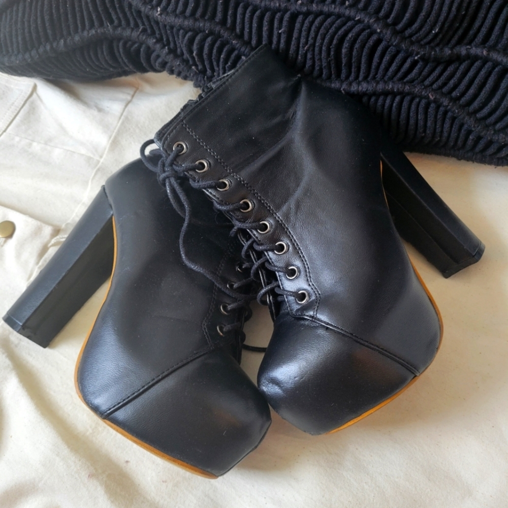Black faux leather platform booties
